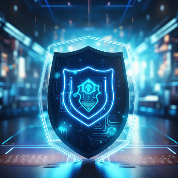 3D illustration of a blue shield icon with glowing neon lights on it, surrounded by circuit patterns and digital elements in the background, cyber security concept, high resolution photography, insanely detailed, fine details, isolated plain, stock photo, professional color grading, clean sharp focus. --ar 3:4 --v 5.2 Job ID: b380e3fa-e2cb-43f8-8cff-a72917bdc5e5